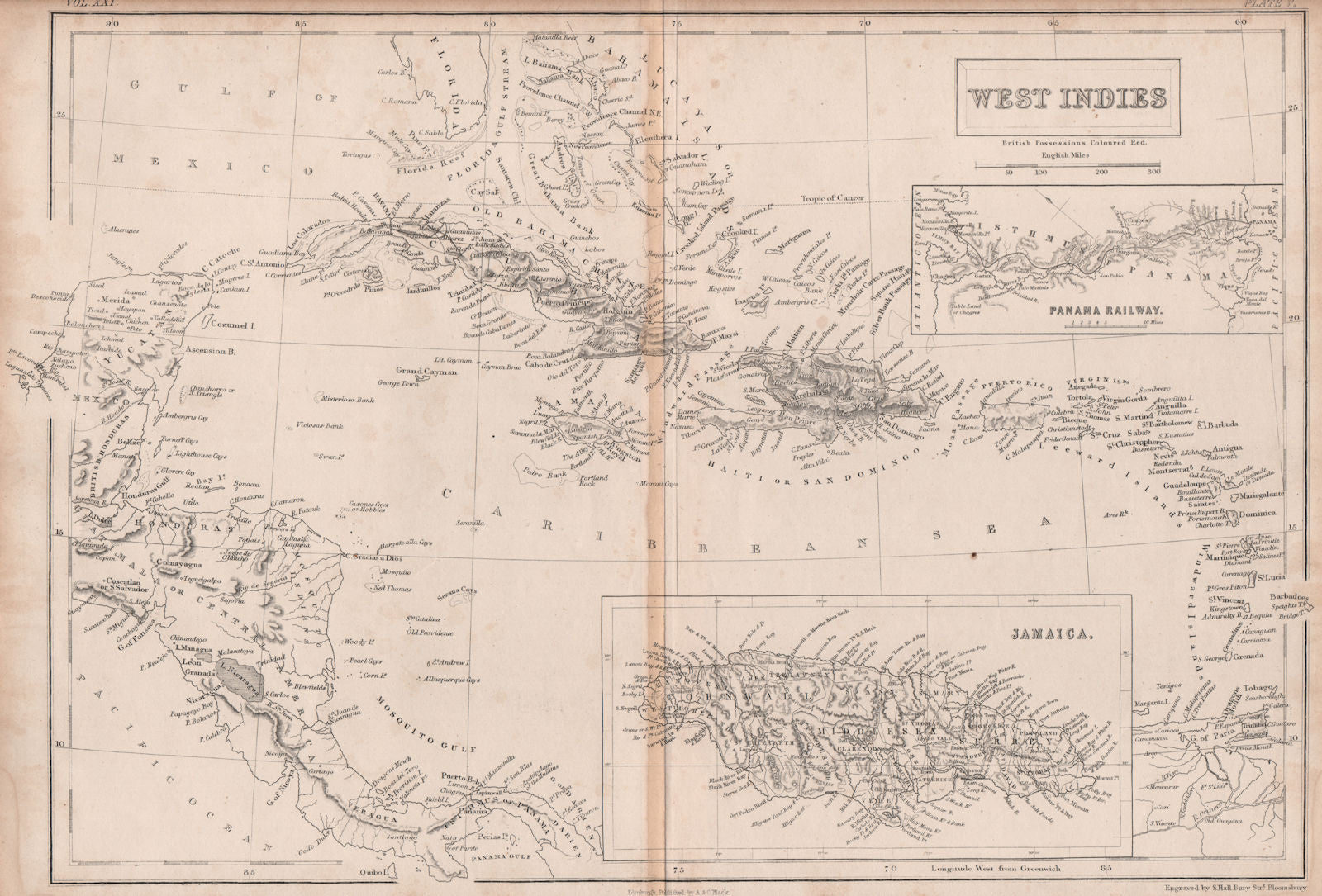 CARIBBEAN West Indies. Inset the Panama Railway & Jamaica. BRITANNICA 1860 map